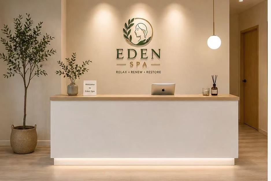 The calm, light-filled reception at Eden Spa, with the Eden Spa logo on the wall behind the desk